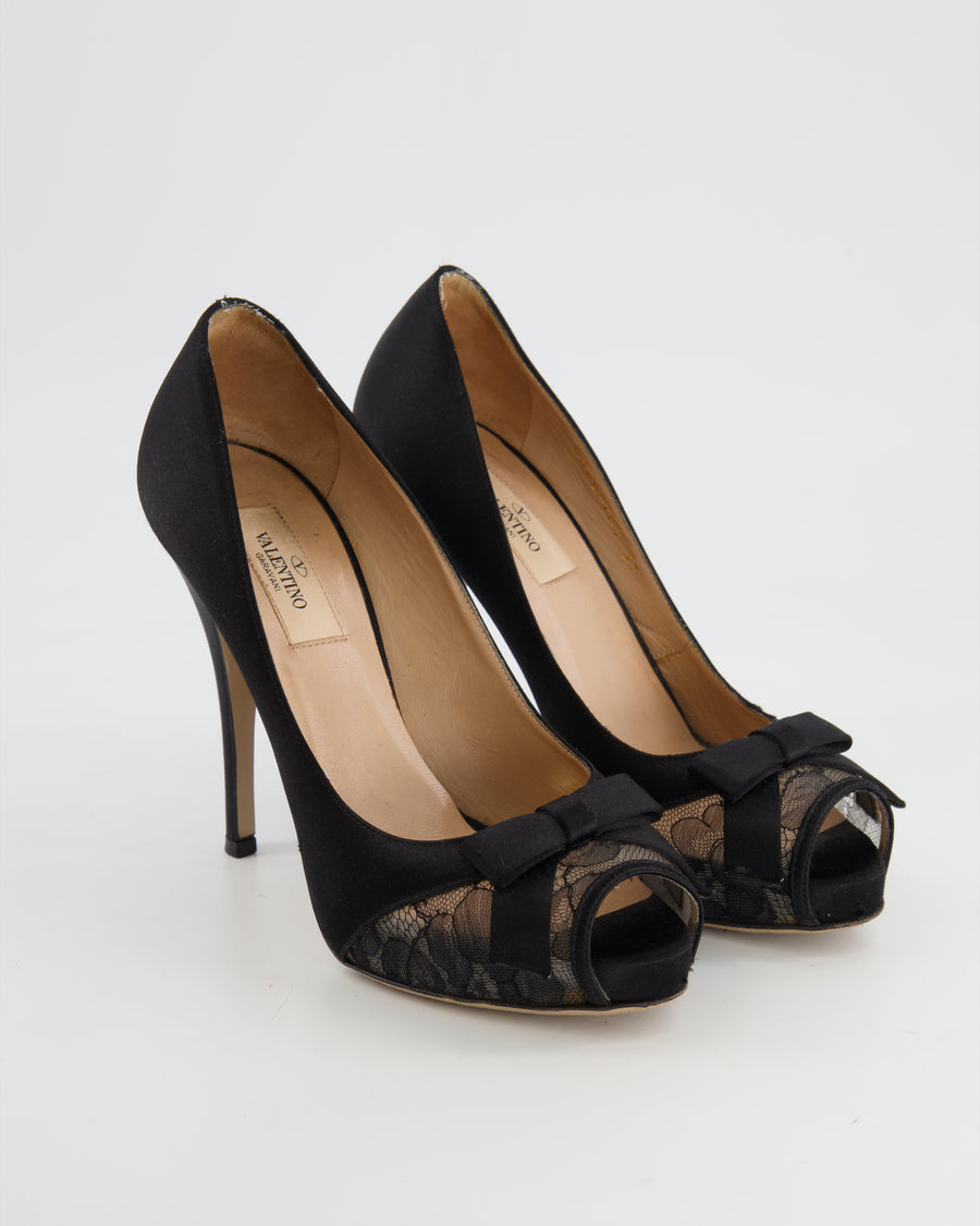 Valentino Black Satin Lace Open-Toe Heels with Bow Detail Size EU 37