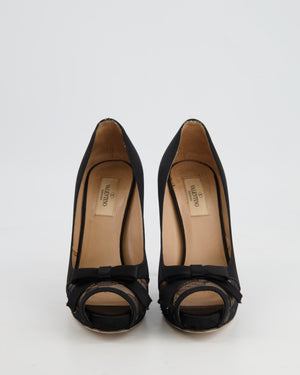 Valentino Black Satin Lace Open-Toe Heels with Bow Detail Size EU 37