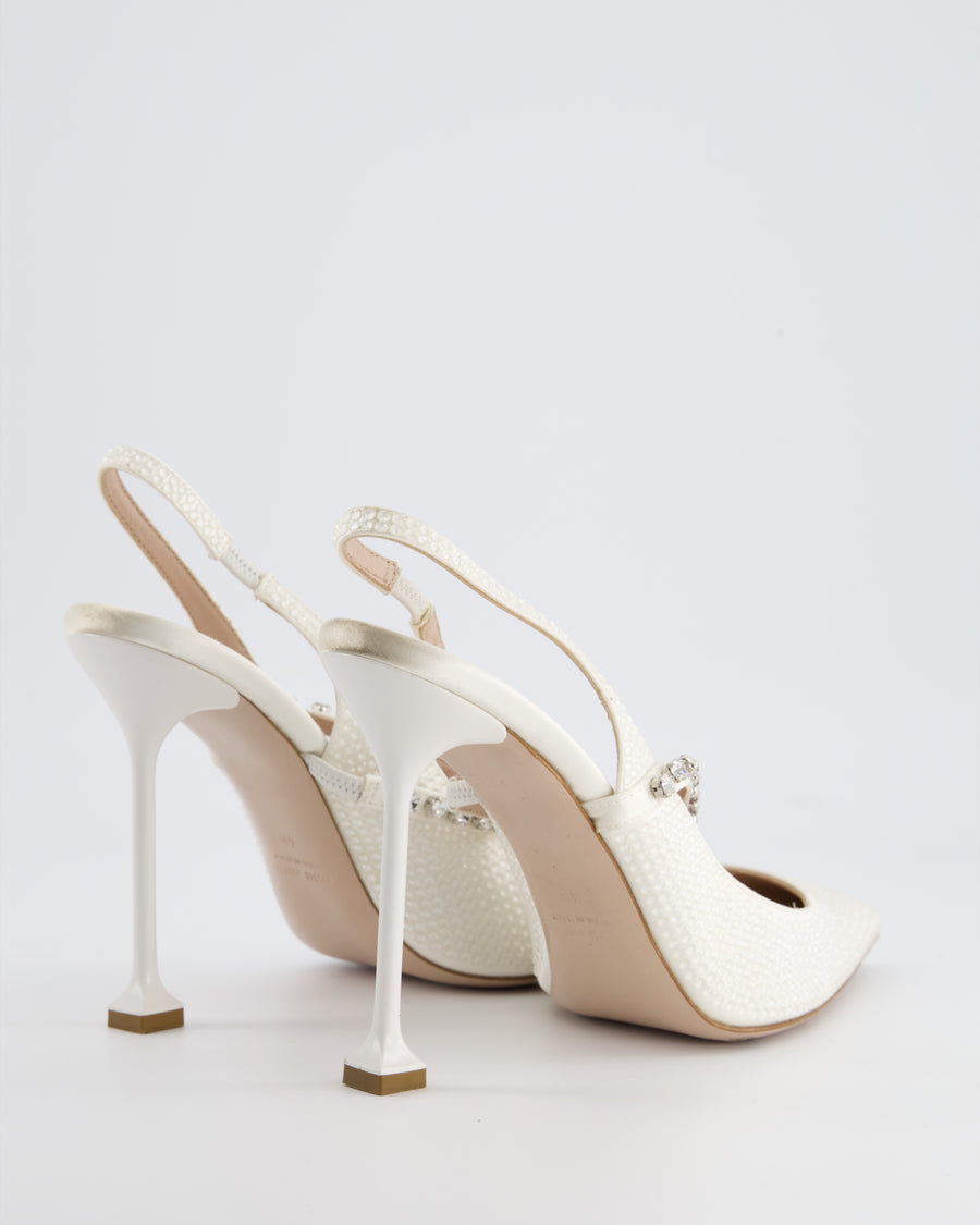 Miu Miu White Satin Embellished Slingback Pump with Crystal Strap Details Size IT 40 RRP £1,250