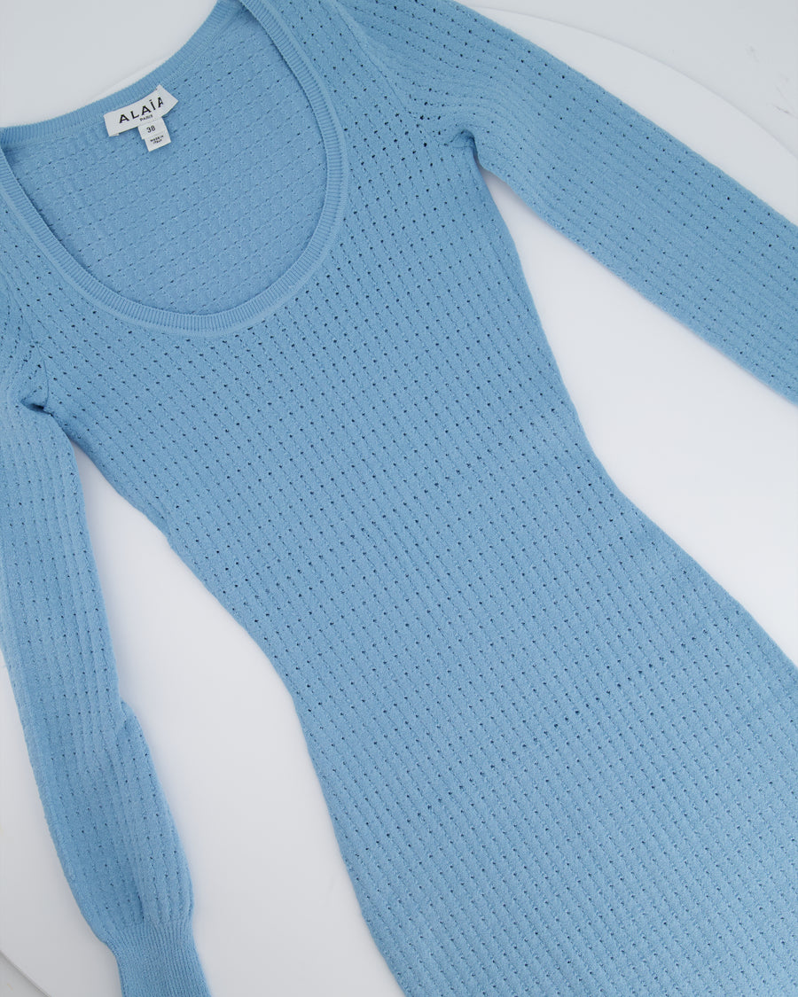 Alaia Baby Blue Long-Sleeve Pointelle Knitted Midi Dress FR 38 (UK 10)