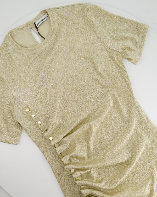 Paco Rabanne Metallic Gold Draped Mini Dress with Button Detail Size FR 40 (UK 12) RRP £650
