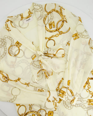 Celine Cream Silk Blouse with Yellow and Silver Chain Print Detailing Tie-Neck Blouse with Neck Tie Detailing Size FR 36 (UK 6)