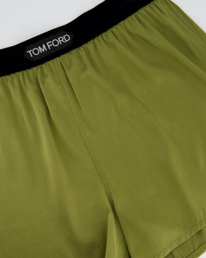 Tom Ford Olive Green Velvet-Trimmed Stretch-Silk Shorts Size S (UK 8)