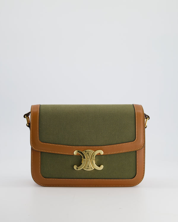 Celine Classique Triomphe Bag in Khaki Textile and Tan Calfskin Leather with Gold Hardware