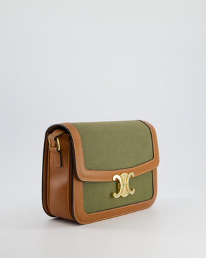 Celine Classique Triomphe Bag in Khaki Textile and Tan Calfskin Leather with Gold Hardware