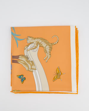 Hermès Story Orange Jonathan Burton Animal & Butterfly Silk Scarf 90cm x 90cm