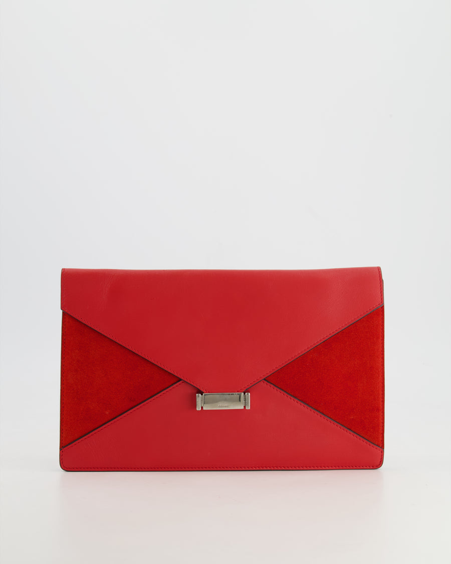 Céline Red Leather and Suede Envelope Pouch Bag with Silver Hardware