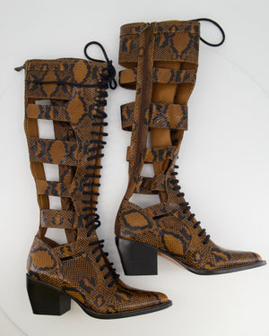 Chloé Brown Python Lace-Up High Knee Cowboy Boots Size EU 41