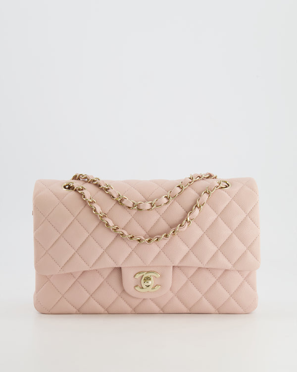 *HOT* Chanel Rose Clair Medium Classic Double Flap Bag in Caviar Leather with Champagne Gold Hardware