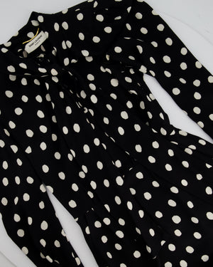 Saint Laurent Black Polkadot Mini Long-Sleeve Dress with Neck Tie and Shoulder Pad Detail FR 36 (UK 8)