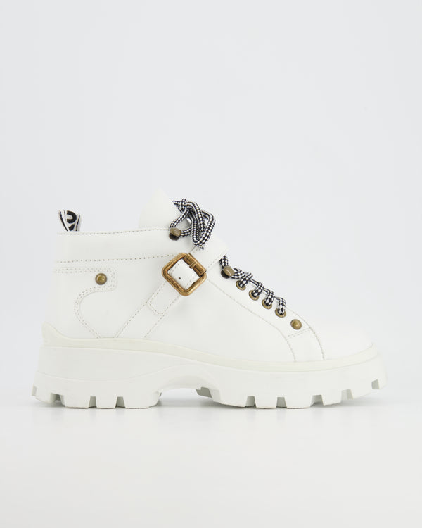 Miu Miu White Leather Chunky Boots with Gold Buckle Size EU 40