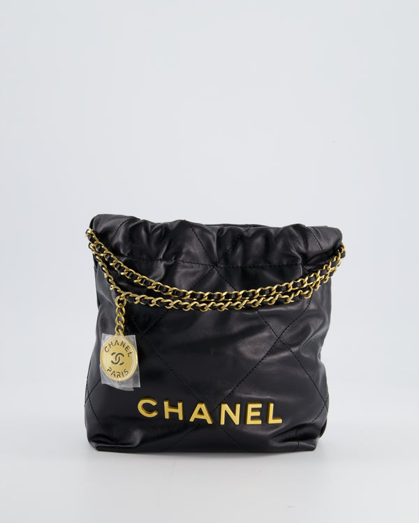 *HOT* Chanel Mini 22 Bag in Shiny Caviar Calfskin Leather with Gold Hardware and Gold Logo Hardware