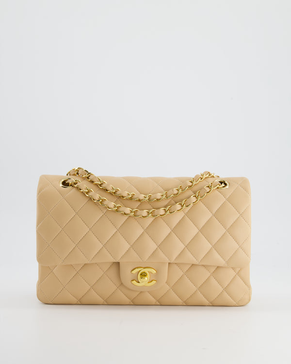 *HOT* Chanel Beige Medium Classic Double Flap Bag in Lambskin Leather with Champagne Gold Hardware