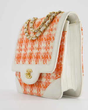Chanel Vintage Early Noughties White & Orange Flap Bag in Tweed and Leather with Brushed Gold Hardware