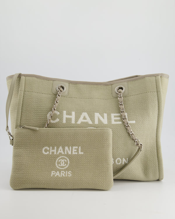 Chanel Sage Grey and White Small Deauville Tote Bag in Fabric with Silver Hardware