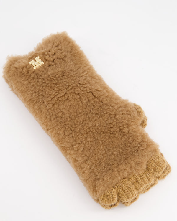 Max Mara Brown Shearling Fingerless Gloves with Gold MM Detail