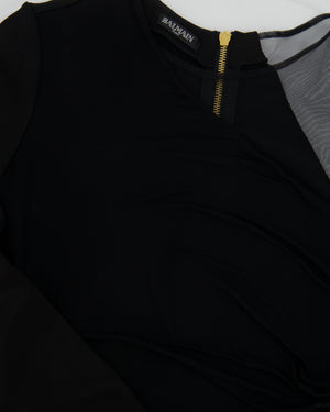 Balmain Black Mini Draped Dress with Mesh Sleeve Detail Size FR 38 (UK 10)