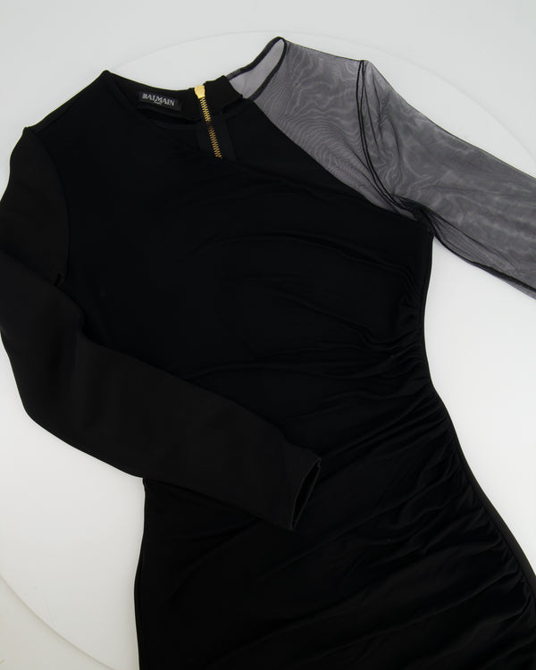 Balmain Black Mini Draped Dress with Mesh Sleeve Detail Size FR 38 (UK 10)