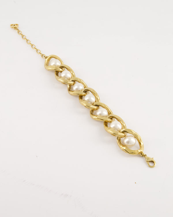 *HOT* Chanel Brushed Champagne Gold Chain Bracelet with Pearl and CC Logo Detail