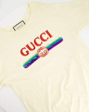 Gucci Ivory Sequin Logo T-Shirt IT 42 (UK 10)