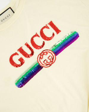Gucci Ivory Sequin Logo T-Shirt IT 42 (UK 10)