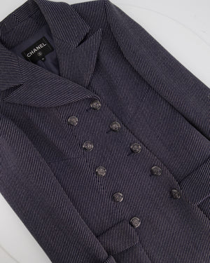 Chanel Navy and Grey Striped Wool Jacket and Blue Embellished Button Detail FR 36 (UK 8)