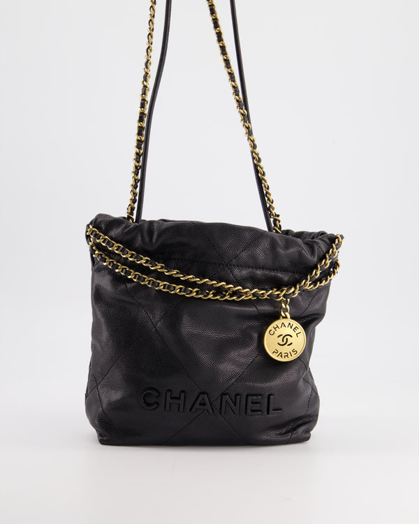 *HOT* Chanel Mini 22 Bag in Shiny Caviar Calfskin Leather with Gold Hardware and So Black Logo
