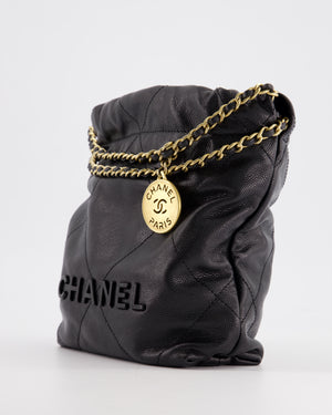 *HOT* Chanel Mini 22 Bag in Shiny Caviar Calfskin Leather with Gold Hardware and So Black Logo