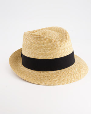 Prada Beige Raffia Woven Hat with Black Ribbon Detail