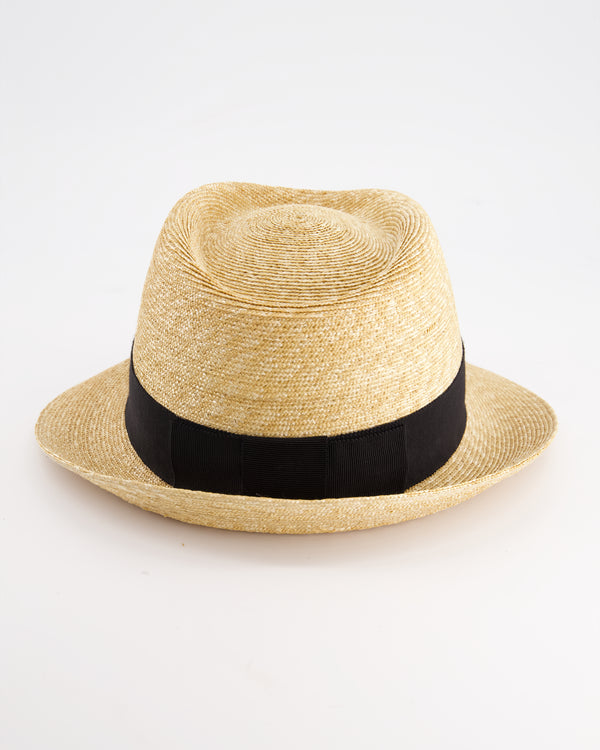 Prada Beige Raffia Woven Hat with Black Ribbon Detail