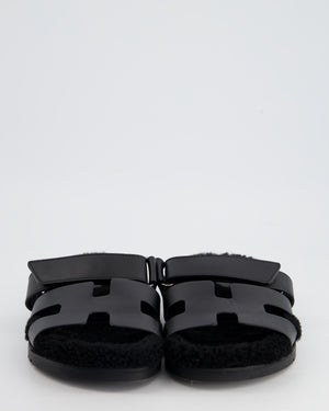Hermès Black Teddy Shearling, Leather Chypre Sandals Size EU 40