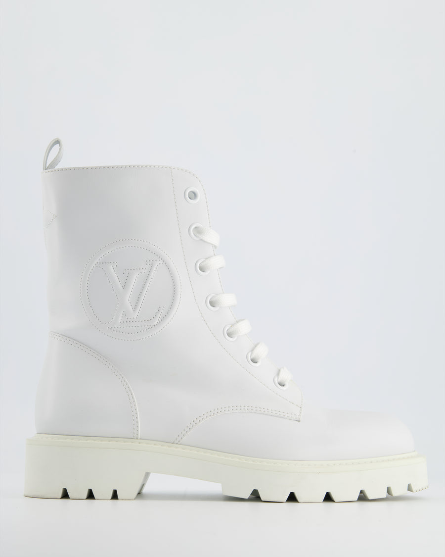 Louis Vuitton White Leather Combat Boots with Logo Detail Size EU 40