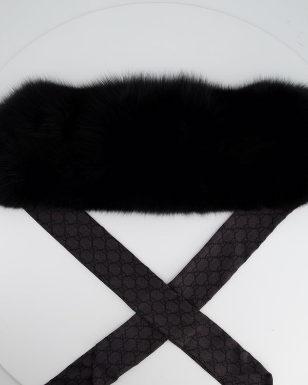 Gucci Black Silk Monogram GG Printed Scarf with Fox and Rabbit Fur