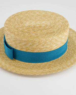 Prada Beige Raffia Woven Hat with Teal Ribbon Detail Size L