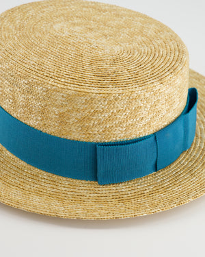 Prada Beige Raffia Woven Hat with Teal Ribbon Detail Size L