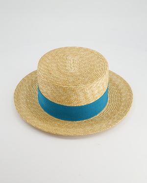 Prada Beige Raffia Woven Hat with Teal Ribbon Detail Size L