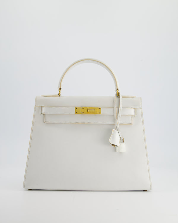 Hermès Vintage Kelly 28cm Bag Sellier White in Box Leather with Gold Hardware