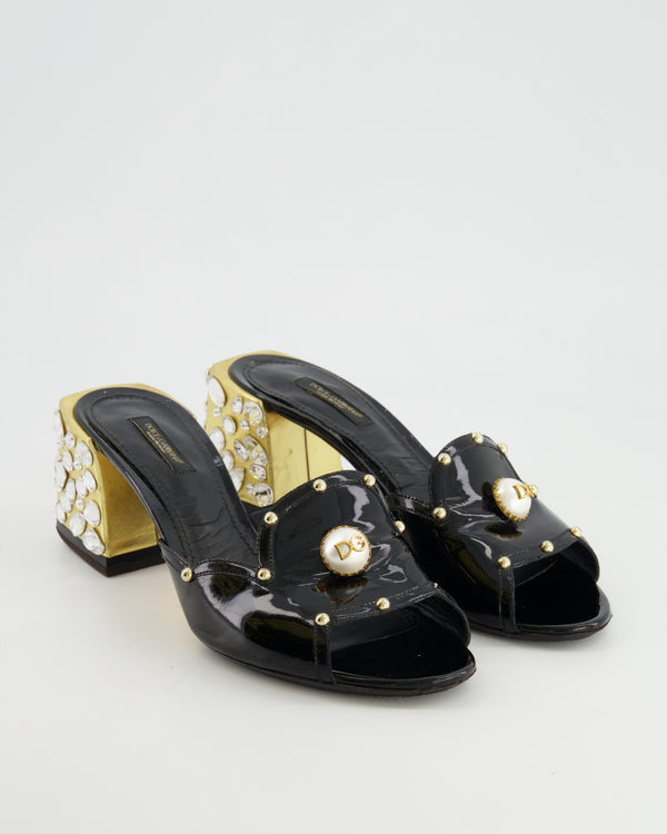 Dolce Gabbana Black Patent Heeled Mules with Crystal and Pearl Embellishments Size 40