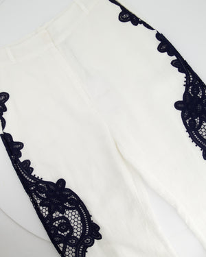 Zimmermann White Linen Pants with Navy Crochet Leg Detail UK 10