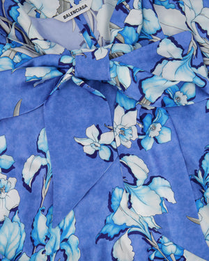 Balenciaga Blue Silk Floral Maxi Dress with Tie-Neck Detail Size IT 38 (UK 6)