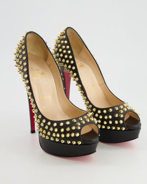 Christian Louboutin Black Leather Open-Toe Heels with Gold Spikes Size EU 38.5 RRP £950