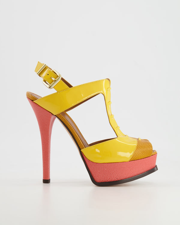 Fendi Yellow Patent and Pink Colour Block FF Logo Ankle-Strap Heels Size EU 39