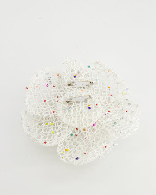 Chanel White Camelia Brooch with Multicolour Embellishment Details