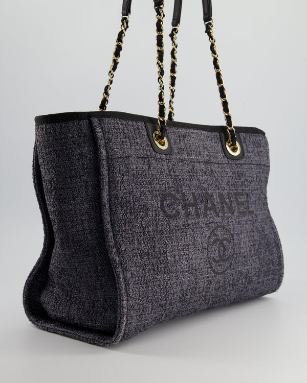 Chanel Grey and Black Tweed Medium Deauville Tote Bag with Gold Hardware