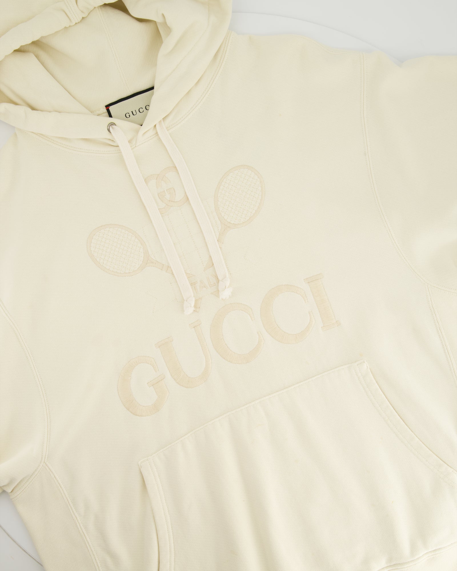 Gucci Cream Tennis Racket Embroidered Hoodie with Logo Detail Size