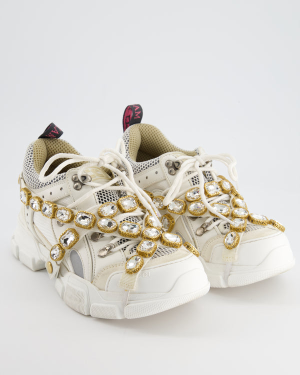 Gucci White Chunky Sneaker with Gold Crystal Detail Size EU 38