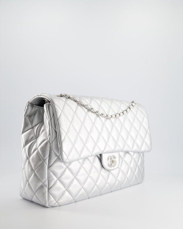 *HOT* Chanel Metallic Silver XXL Travel Single Flap Bag in Lambskin with Silver Hardware