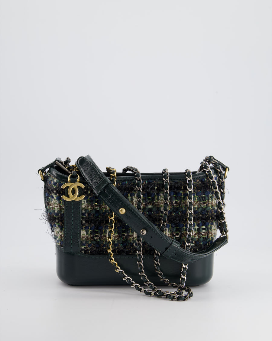 Chanel Green, Navy and Cream Tweed Small Gabrielle Bag in Shiny Calfskin Leather with Mixed Hardware