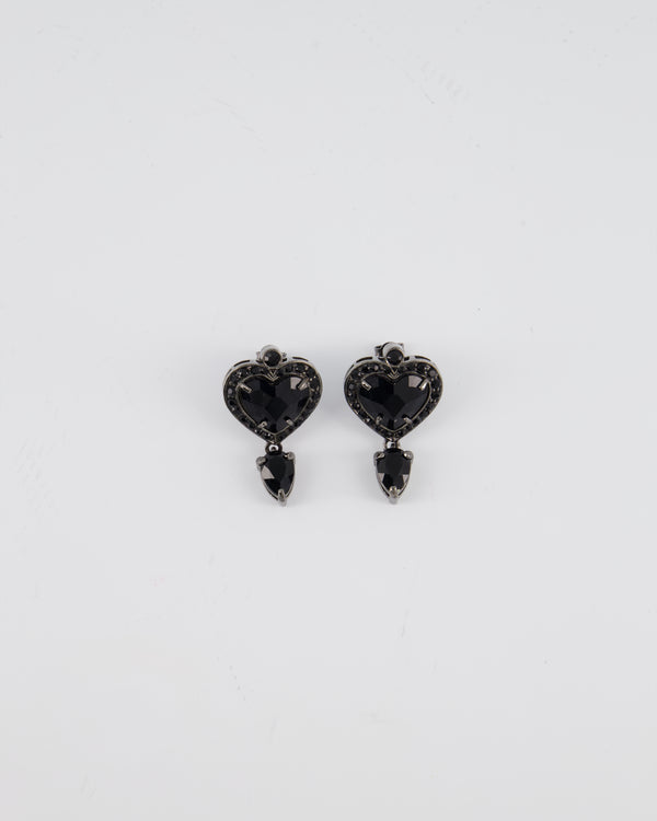 Valentino Black Heart Crystal Drop Stud Earrings with Ruthenium Hardware