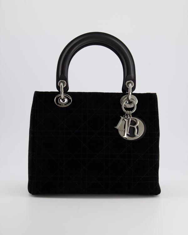 Christian Dior Black Medium Lady Dior Bag in Suede Leather with Silver Hardware